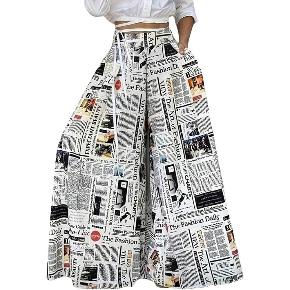 NWT STYLEWE Women's XL Wide Leg Baggy Newspaper Print Palazzo Pants #1748